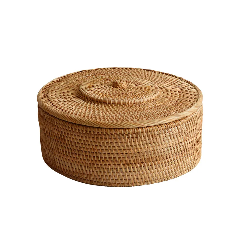 Rattan Storage Boxes with Lid Hand-woven Round Box Multi-Purpose Picnic Food Bread Fruit Table Storage Basket Home Office Decor