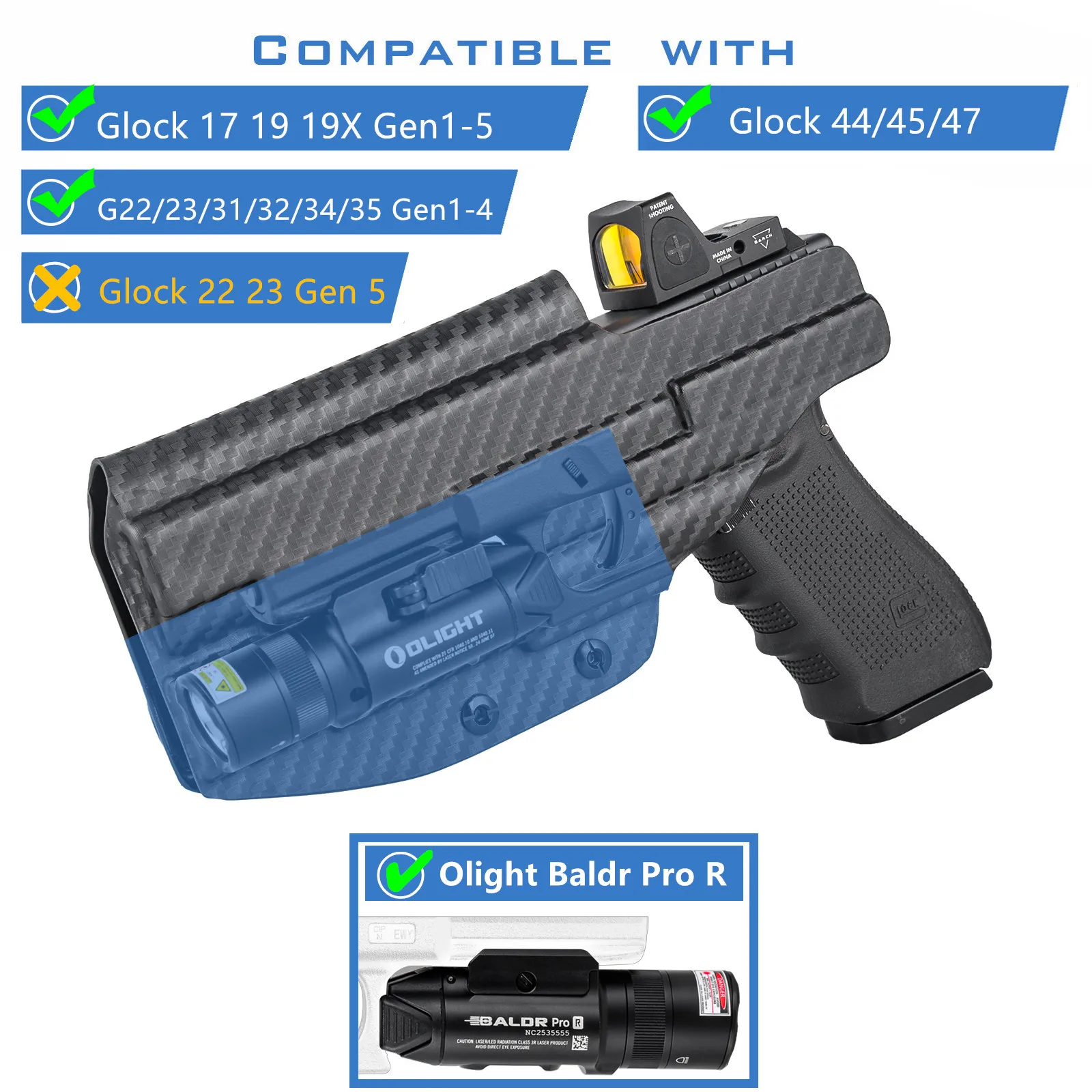 IWB Kydex Holster for Glock 17 19 19X 22 23 25 31 32 44 45 with Olight Baldr Pro R Tactical Flashlight Inside Concealed Carry view 3