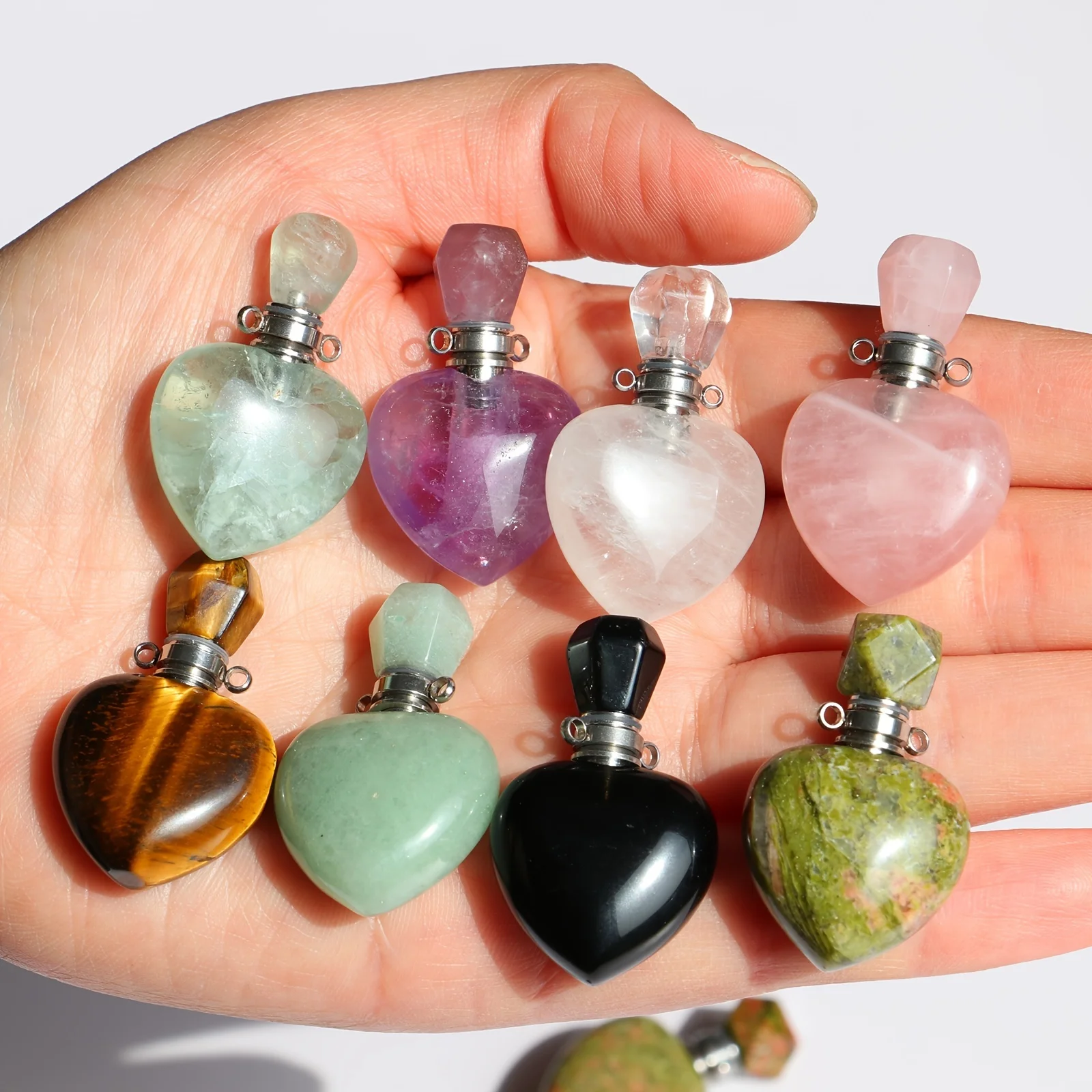 1pc Multi-Material Crystal Love Heart Perfume Bottle Rose Quartz Pendant Essential Oil Bottle Ladies Gift Valentine's Day Gift