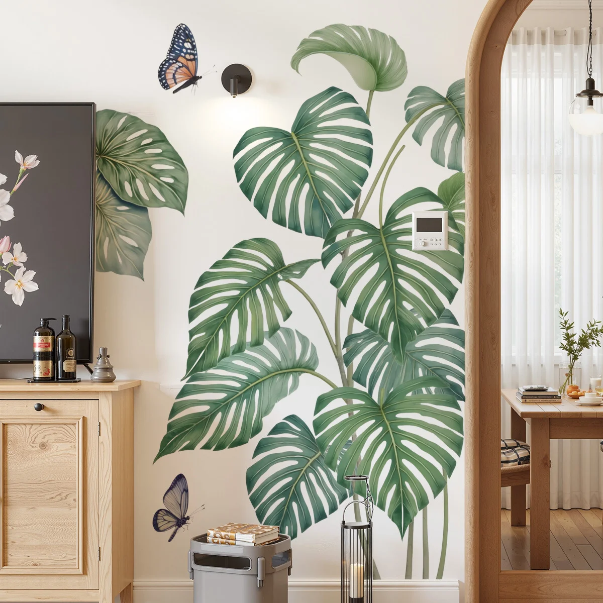 Large Watercolor Monstera Leaf Wall Stickers, Two Colorful Butterflies TV Background Living Room Decor