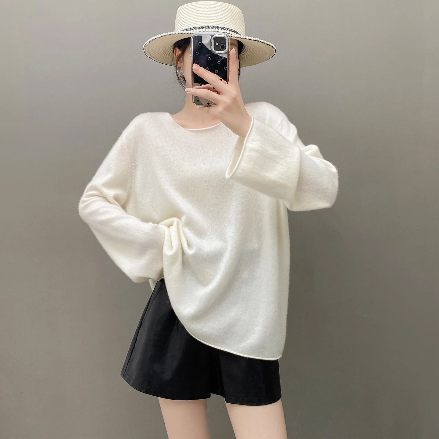 

Autumn/Winter New Women's 100% Pure Cashmere Pullover Casual Solid Color Knitted Sweater Loose One Piece Neck Tops Warm Jumper