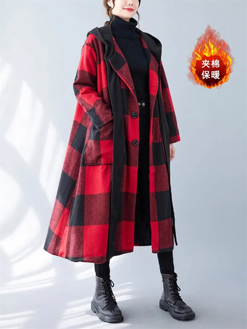 Large Size Plaid Long Woolen Coat Womens 2023 Oversized Stylish Cotton Quilted Warm Hooded Jacket Winter Windbreaker Z3059