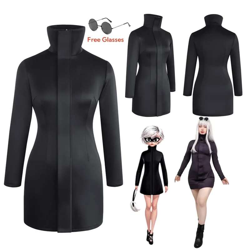 Damen Gojo Satoru Bodycon-Kleid Cosplay-Kostüm mit Brillen-Set für Mädchen Cosplay Dehnbarer Stoff Schwarzes Sexy Kleid Halloween