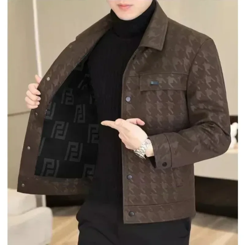 Autumn New Men's Thousand-bird Check Jacket High Quality Printed Short Lapel Casual Jacket Youth Fashion Leather Coat Size 5XL