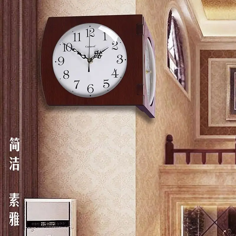 Modern Double Sided Wall Clock Wooden Corner Hanging Timepiece Creative Dual Face Decor Timer Living Room Wall Mount Ornament