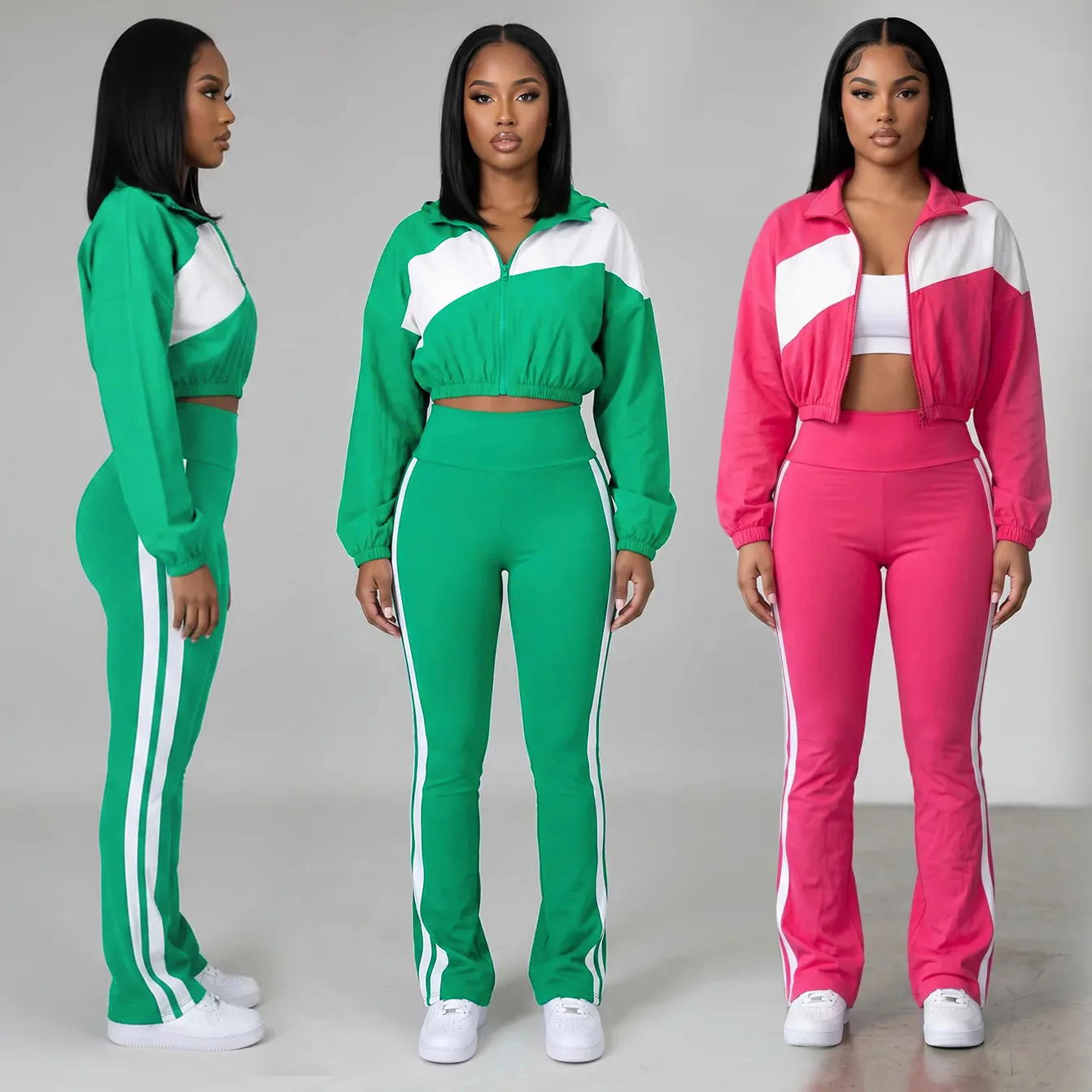 Women Color Block Tracksuit 2 Piece Outfit Zip Up Cropped Jacket Side Stripe Flare Pants Casual Streetwear Matching Sport Set