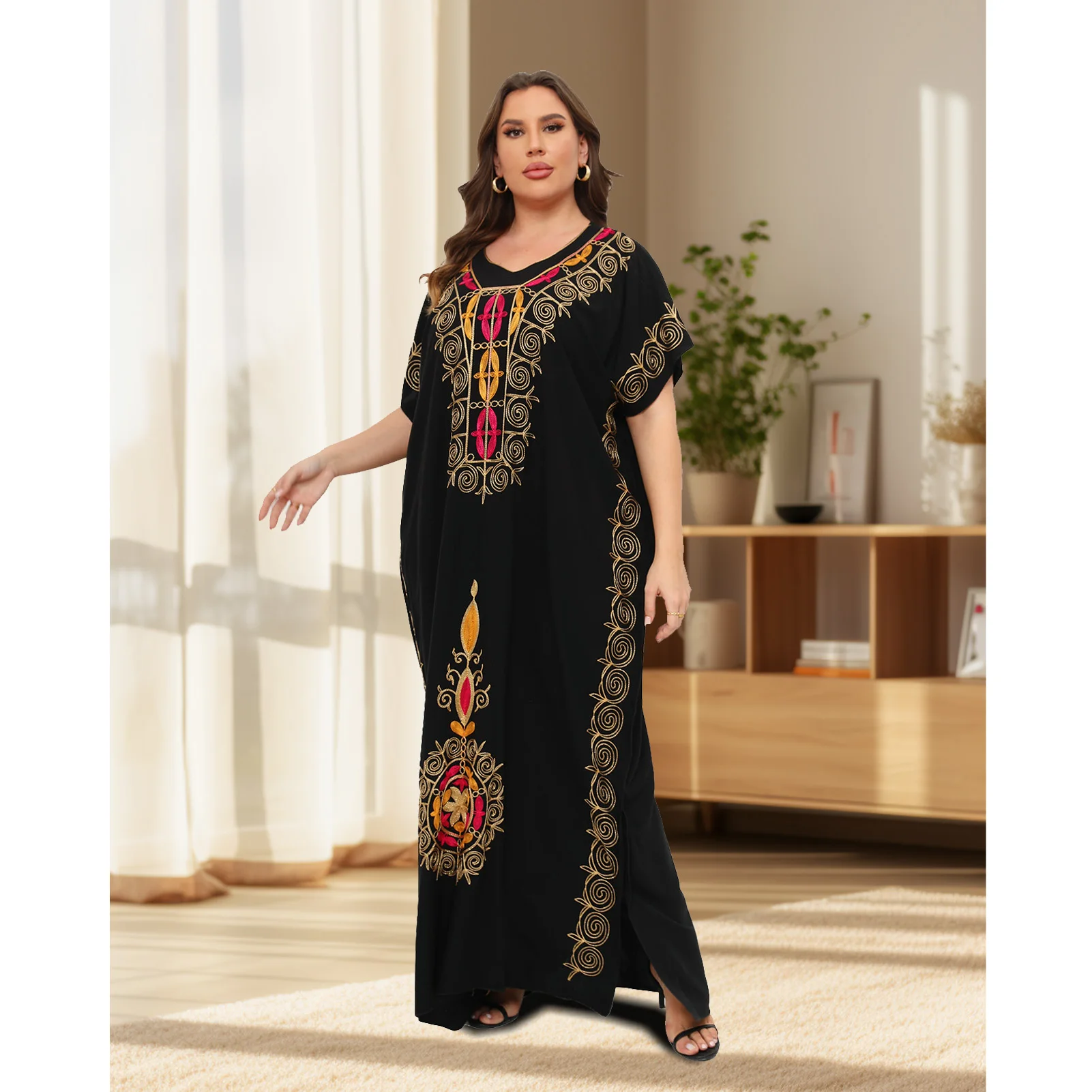 PlusSize Moroccan Traditional Dress Abaya For Women\'s Kaftan African O-neck Jilbab Short Sleeve Loose Lady Casual Kaftan