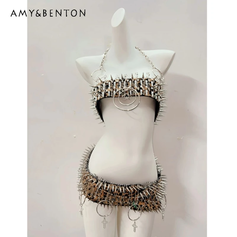 

Punk Sexy Leopard Print Rivet Halter Women's Vest Original Design Heavy Metal Gothic Retro Short Skirt Performance Set Ladies