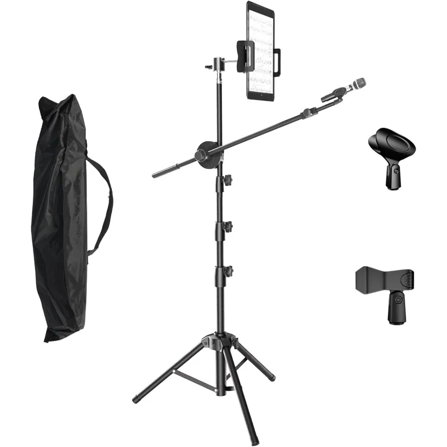 

Kereal Microphone Stand Floor Boom Mic Stand with 360 Ball Tablet Holder Two Mic Clips for Singing Portable Mic stands Adjust