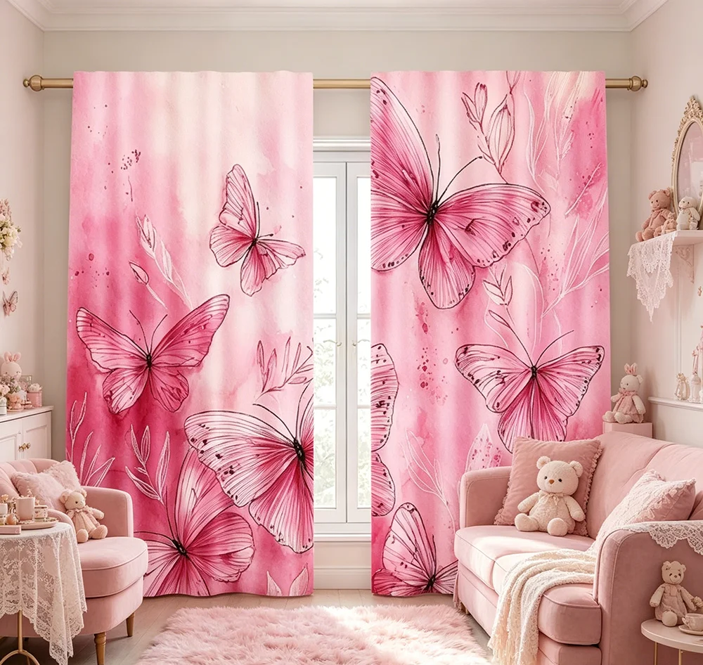 2PCS Digital Printed Curtains, Pink Branch Butterfly Pattern, Beautiful Window Drapes for Living Room Bedroom Home Decor