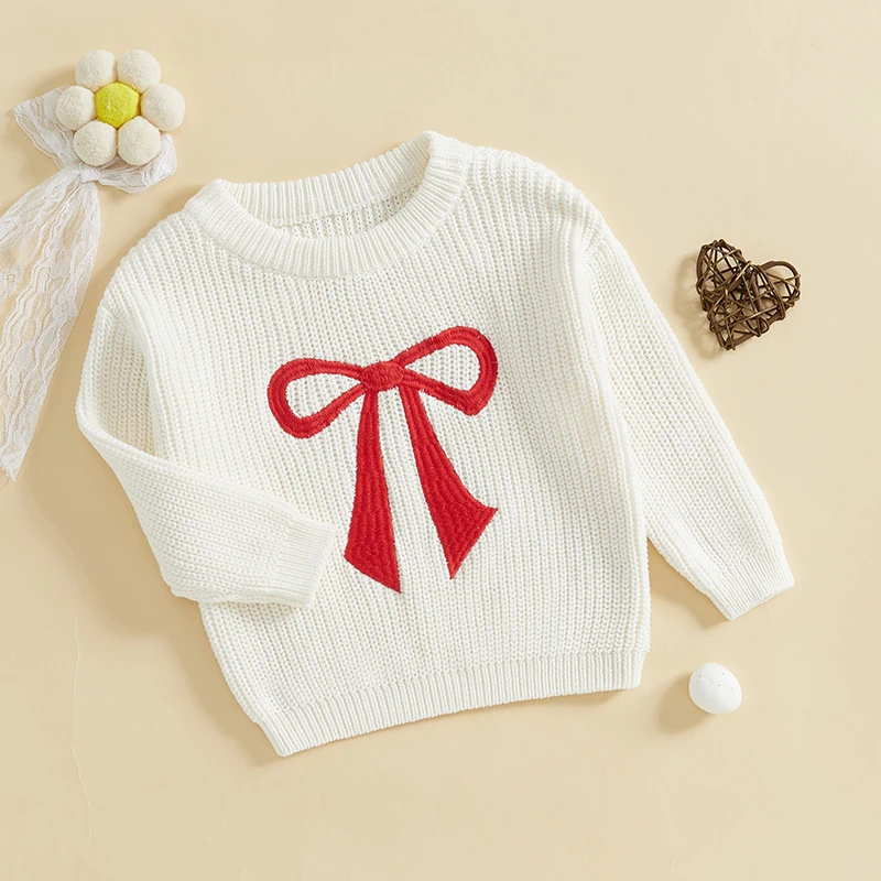 Toddler Girls Boys Sweater Bowknot Pattern Crew Neck Long Sleeve Baby Pullovers Fall Winter Casual Tops