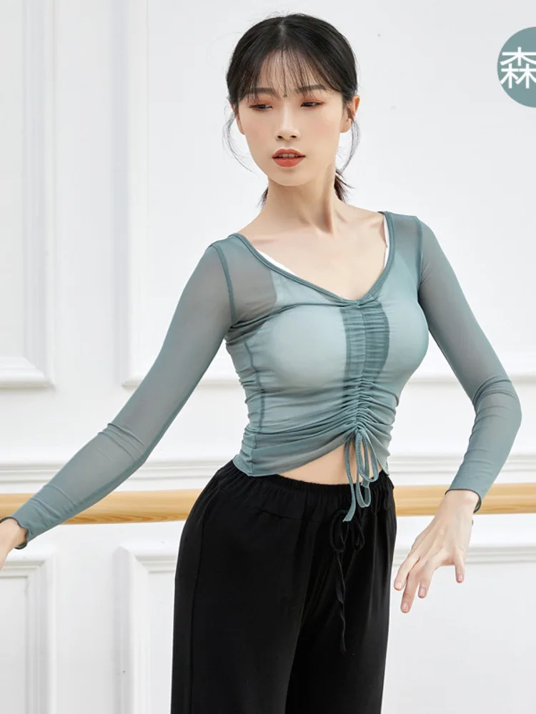 Mesh V-neck gauze ballet dance practice clothes gauze clothes blouse female adult body clothes basic training self-cultivation