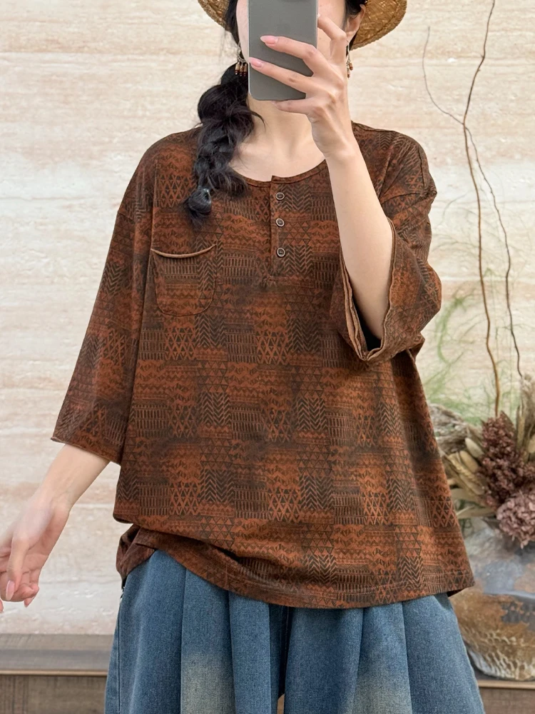 Amax LuluE Summer Womens Vintage Loose Printed Tee Shirts 2026 British Classic Clothes Ladies Fashion Leisure Luxury O Neck Tops