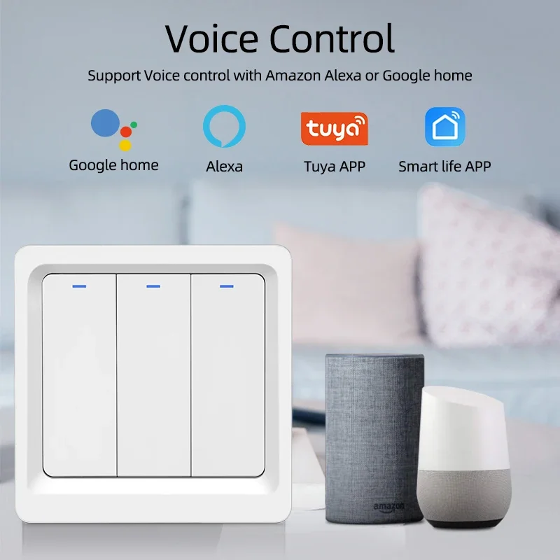 WiFi Tuya Smart Switch Push Button 1/2/3 Gang Light Wall Switches 220V No Neutral Wire Works With Alexa Google Home Smart Life