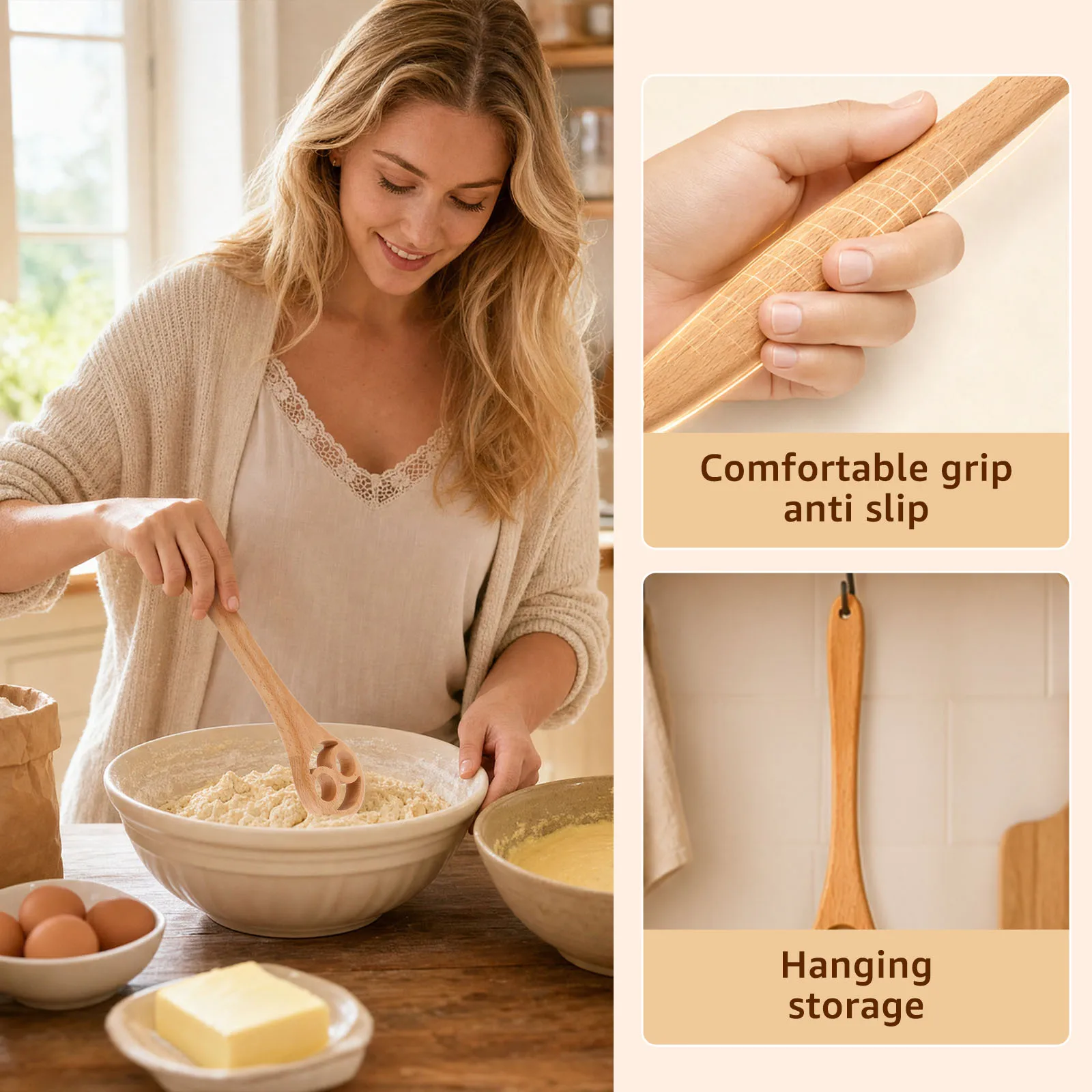 2 Pcs Wooden Dough Whisk Mixing Spoons Set Long Handle Dough Stirrer Sourdough Mixing Tools for Bread Cake Cookie Baking Cooking - view 5