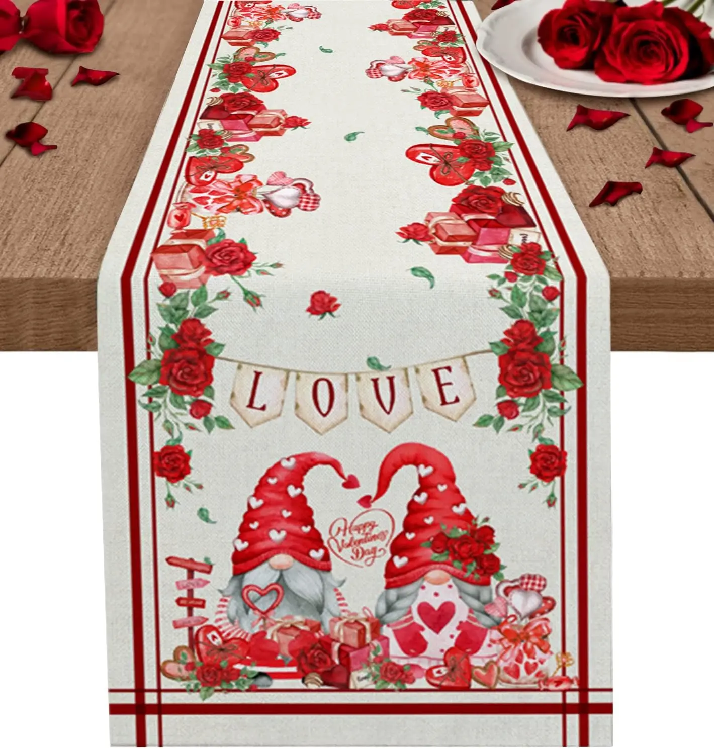 

Valentine's Day Love Gnome Rose Flowers Linen Table Runners Wedding Decorations Farmhouse Dining Table Runners Party Decorations