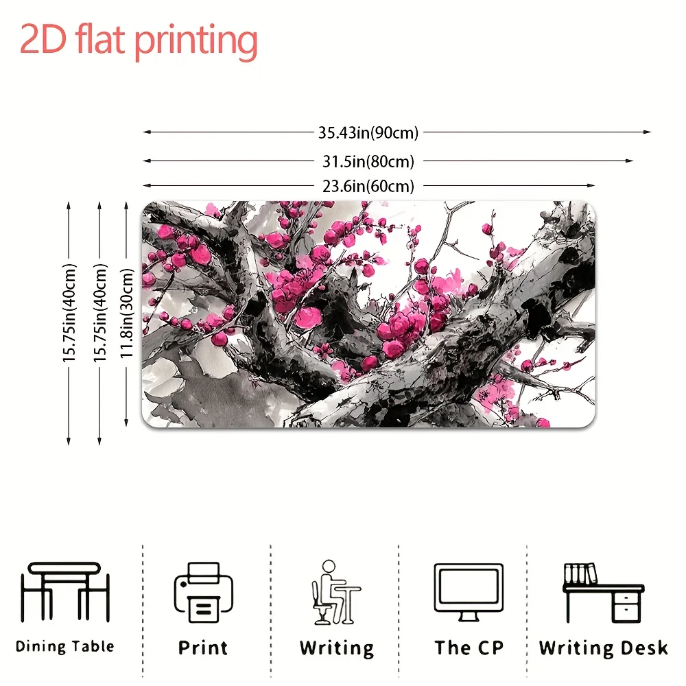 Ink Wash Plum Blossom Tree Large Desk Pad, 2D Flat Printing Extended Mouse Pad, Non-Slip Office Mat