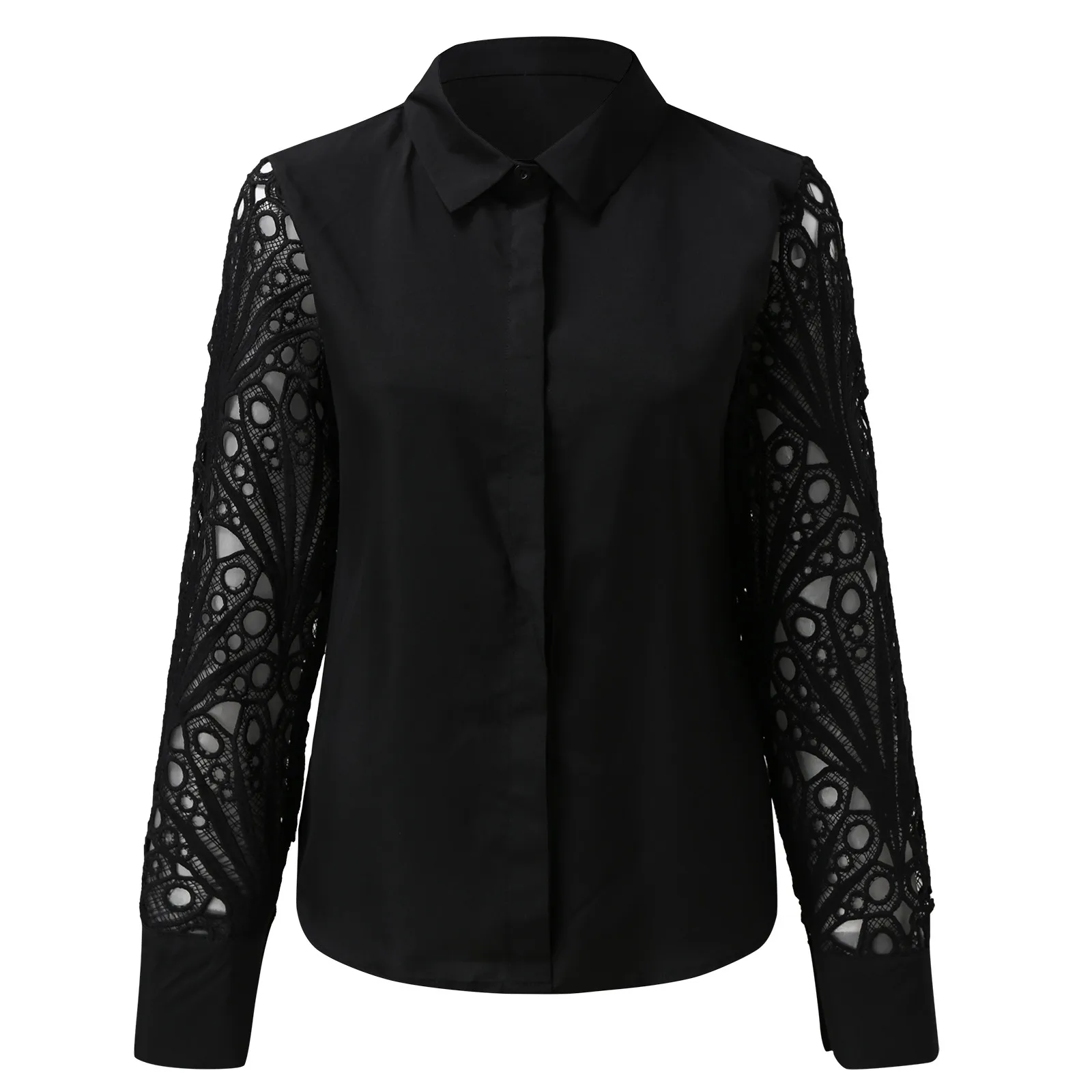 Elegant Lapel V Neck Lace Splicing Blouses Hollow Long Sleeve Tops Women Dressy Casual Ladies Solid Color Shirts Blusas Holiday
