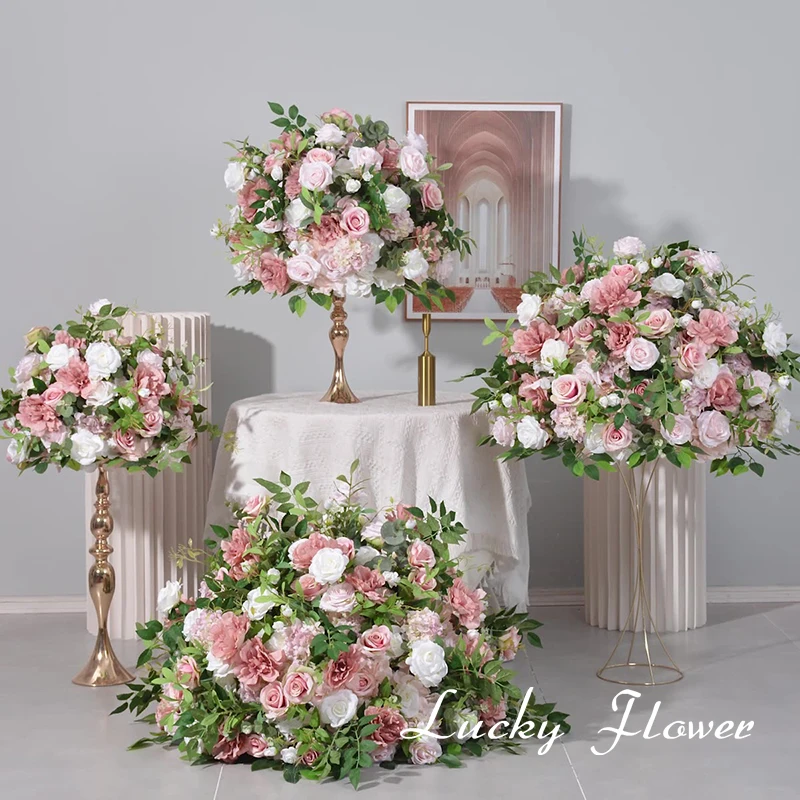 

Greenery Pink Rose Artificial Flowers Wedding Table Decoration Road Lead Flower Ball Tbale Centerpieces Event Party Floral Props