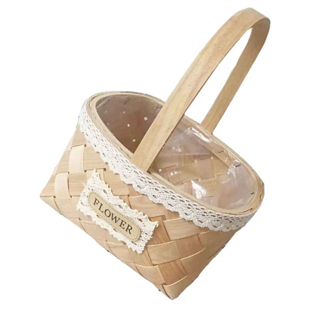 

Wooden Slice Flower Basket Desktop Pot Woven Handle Decorative Storage Baskets Home Party Wedding Banquet Flower Container