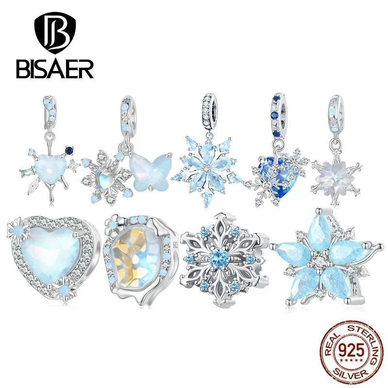 BISAER 925 Sterling Silver Winter Snowflake Charm Bead Bule Ice Flower Pendant Fit Women Girls DIY Bracelet Fine Jewelry Gift