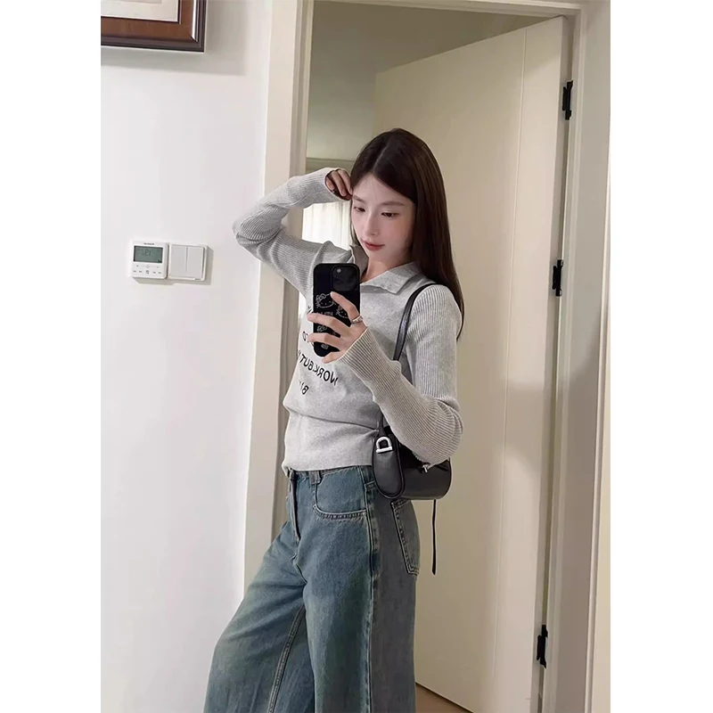 سترة MEXZT Y2K للسيدات بلوفرات محبوكة مطبوعة بأحرف الشارع الشهير موضة كورية بأكمام طويلة تريكو شتوي نحيف جديد