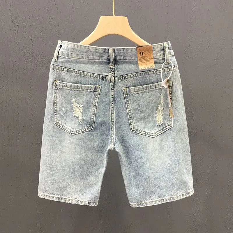 New 2025 Men's Summer Korean Slim Fit Ripped Skinny Denim Shorts Trendy Beggar Cargo Pants Washed Distressed Ripped Jeans Man