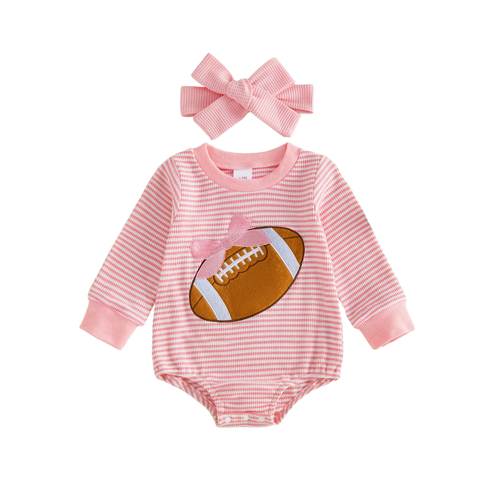 Baby Girl Fall Outfit Striped Bow Football Embroidered Long Sleeve Waffled Sweatshirt Romper and Headband 2 Piece Set