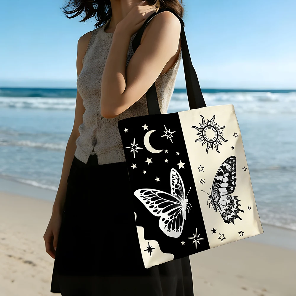 One Pc Un Moon Butterfly Canvas Tote Bag Yin Yang Celestial Print With Stars Eco Friendly Bohemian Shoulder Bag For Women