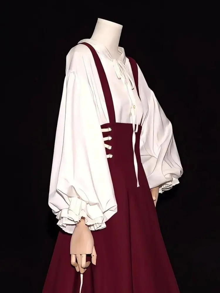 Coalfell French Retro Hepburn High Waist Lace-up Suspender Skirt Palace Style Bandage Long Skirt + Lantern Sleeve Shirt Suit