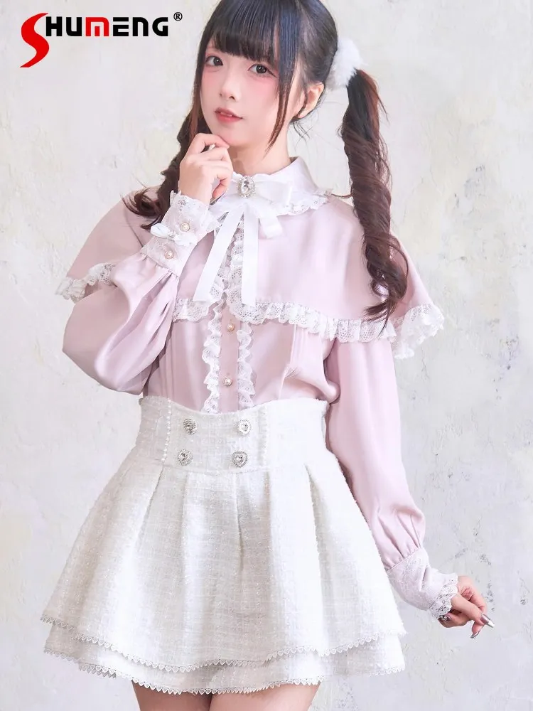 Japanese Mine Style Mass-produced Cape Collar Long Sleeve Shirts Tops High Waist Heart Buckle A-line Skirts Two-piece Sets Women