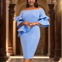 Elegant Party Dresses for Women 2024 Luxury Off the Shoulder Ruffles Sleeve Solid Sheath Package Hips Mid Calf Birthday Prom Hot