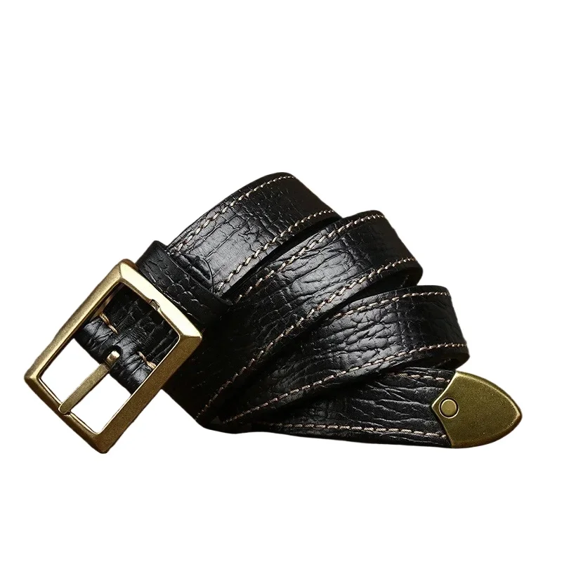 

3.3cm pure cowhide retro belt men's high-quality brand shoulder strap men's brass buckle jeans denim thickened sides