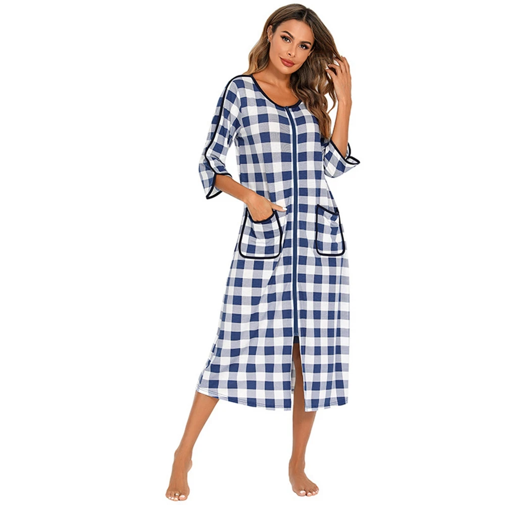 Autumn Winter Women Zip up Sleepdres Loose Nightgowns Spa Bathrobe Crewneck Soft Striped Sleepshirt Loungewear Sleepwear with Po