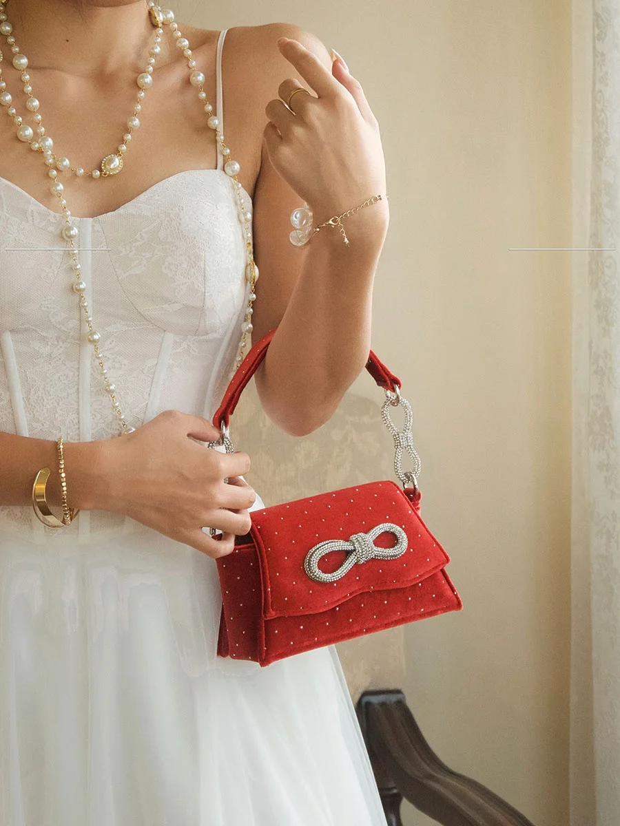 UGALS Fairy Velvet  Knot Diamond Embedded Shiny Saddle Chain Handbag Crossbody Bag for Women Luxury Style Square Shape