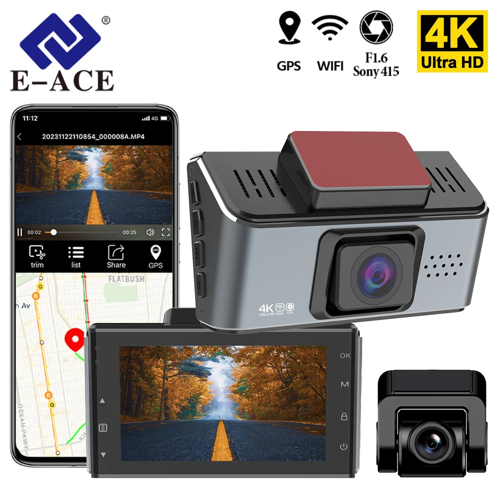 

E-ACE 4K Dual Camera Car Dash Cam Ultra HD Dual Lens Sony IMX415 2160P Rear Cameras With WIFI GPS Dash Cam For Cars