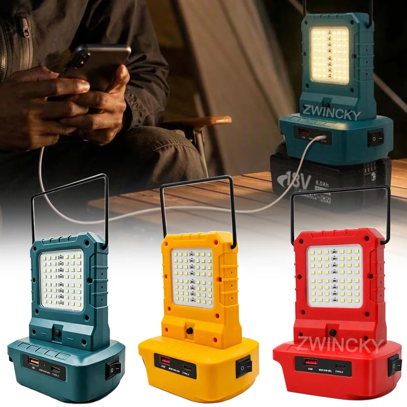 Portable Double Sided LED Light For Makita/Dewal/Milwaukee 18V Li-ion Battery Outdoor Lighting With Hook USB Type-C Output Port