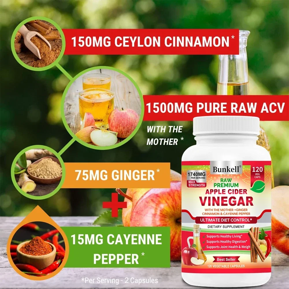 Apple Cider Vinegar Capsules, 1740 Mg, Mother Vinegar - with Cinnamon, Ginger and Cayenne Pepper - Detoxification and Digestion