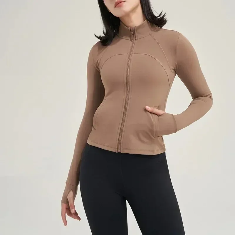 Lemon-Veste de sport à manches longues et col haut pour femme, manteau de yoga, haut de fitness, poches latérales, fermeture éclair complète, entraînement sportif