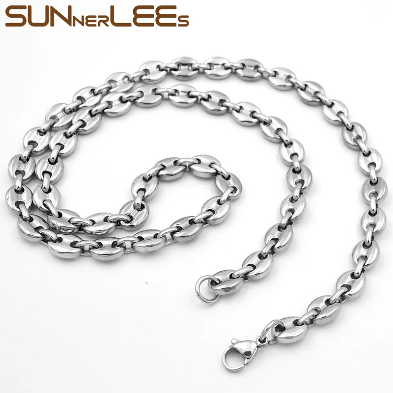 SUNNERLEES 316L Stainless Steel Necklace 5~11mm Coffee Beans Link Chain Gold Black Silver Color Men Women Jewelry Gift SC13