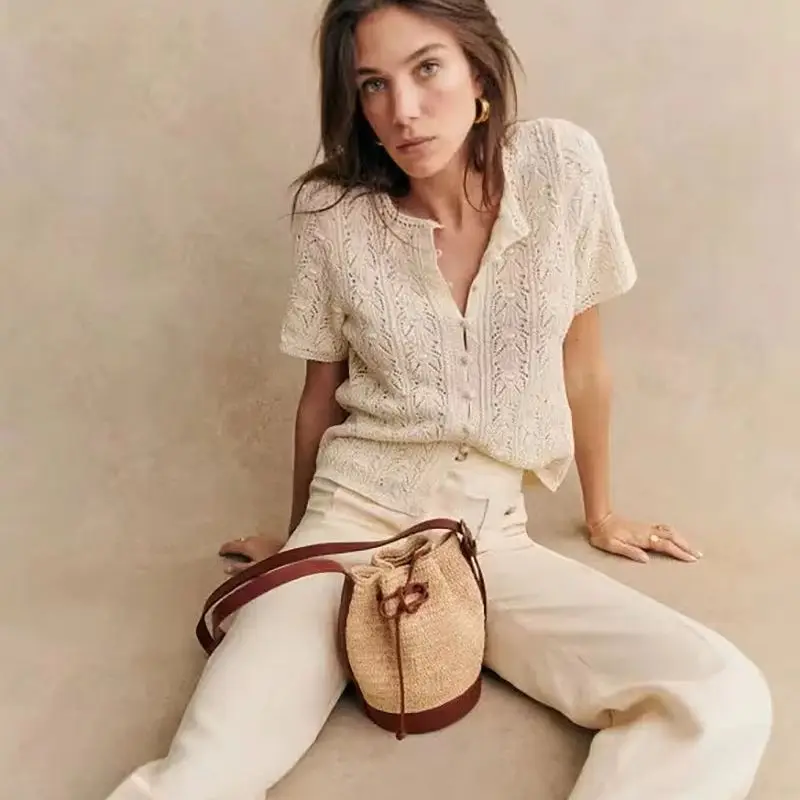 Elegant See-through Hollow Jacquard Knit Top Handmade Crochet Trim Organic Cotton Vintage Frog Button Summer Women Blouse