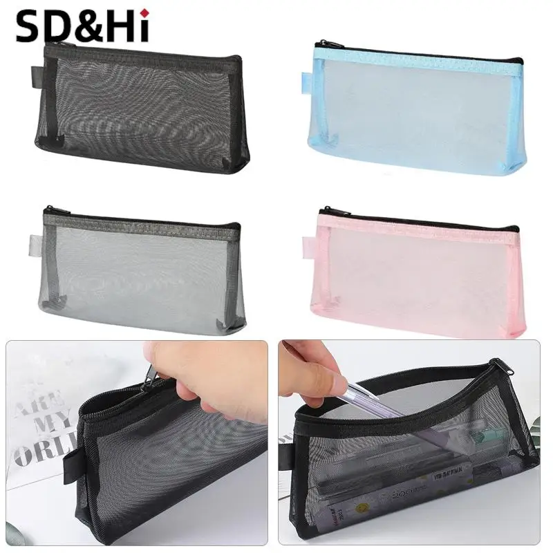 1Pc Simple Transparent Portable Mesh Pencil Case Pen Bag Office Student Pencil Cases School Supplies Pen Box Bill Storage Bag