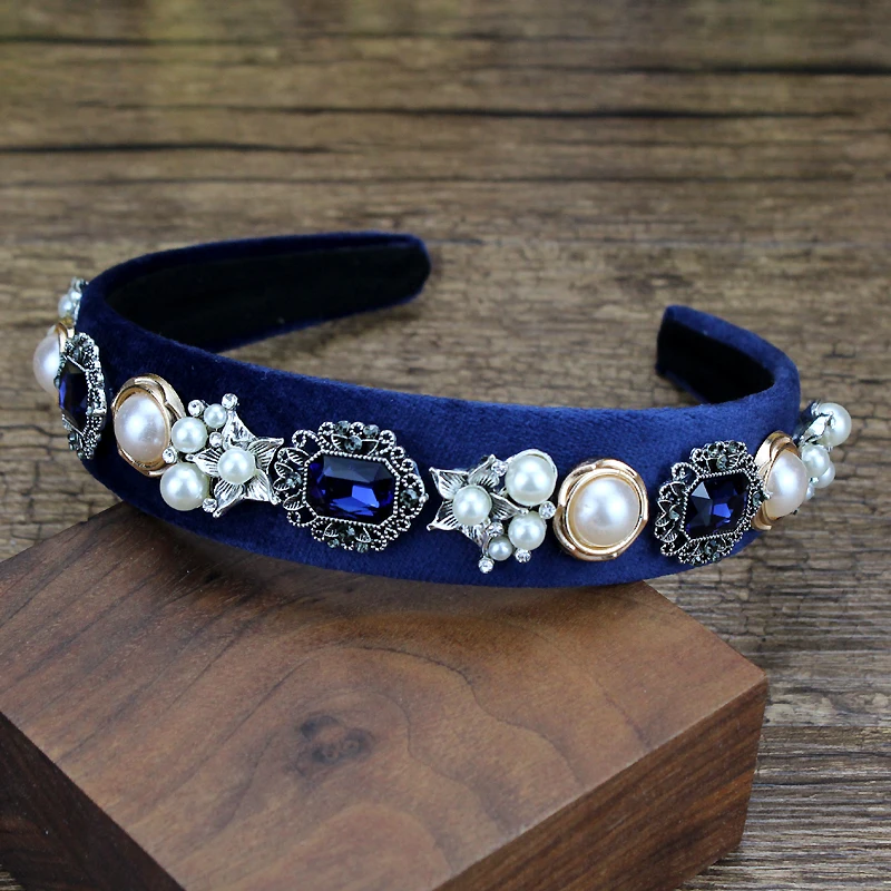 Handmade Navy Gray Crystal Vintage Headbands Pearl Elegant Hairbands For Girls Women Party Hair Accessories