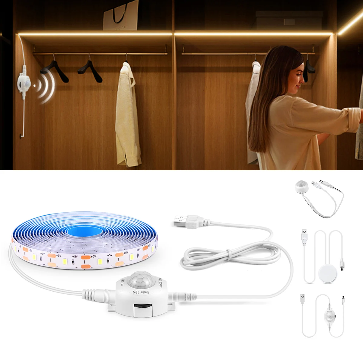 

USB 5V Human Body Induction LED Strip COB/2835SMD Penetrate Wood Panel Induction Switch/Motion Sensor/PIR Sensing,Night Lighting