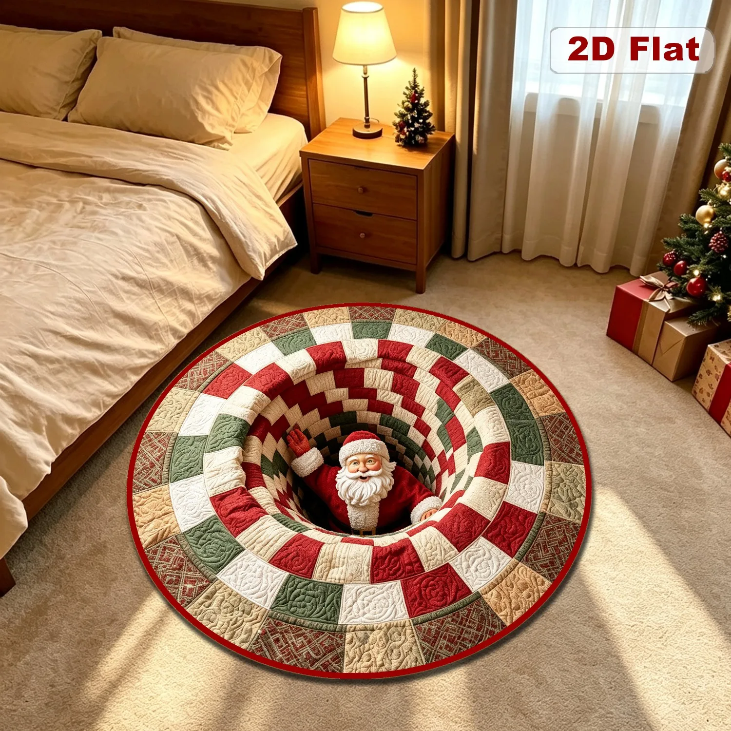 xmas Vortex Santa Library Round Carpet Pine Tree Border Santa Reading Print Soft Floor Mat for Home Festive Interior Decoration