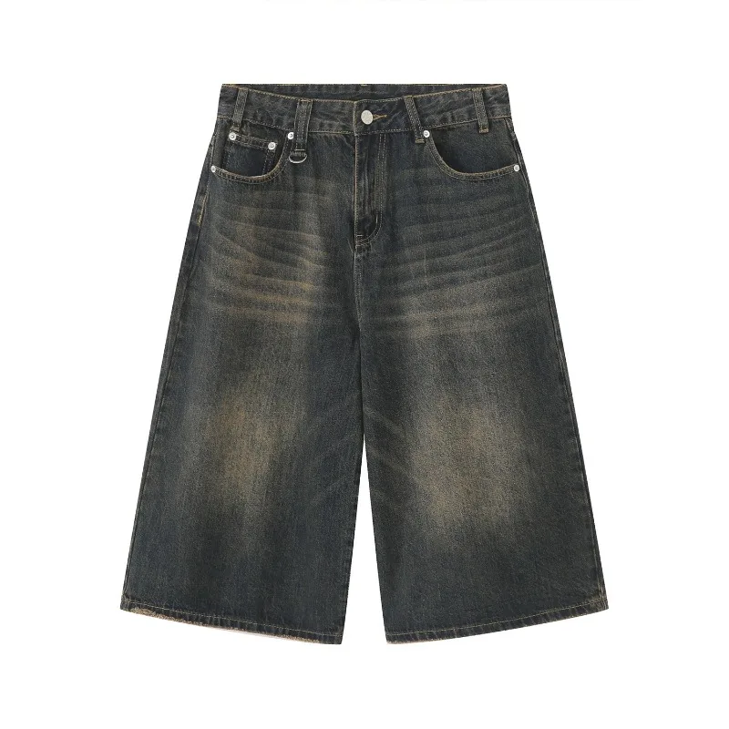 

2025 New Summer American Retro Loose Small Man Old Seven-point Denim High Street Design Wide-leg Seven-point Pants Summer Span