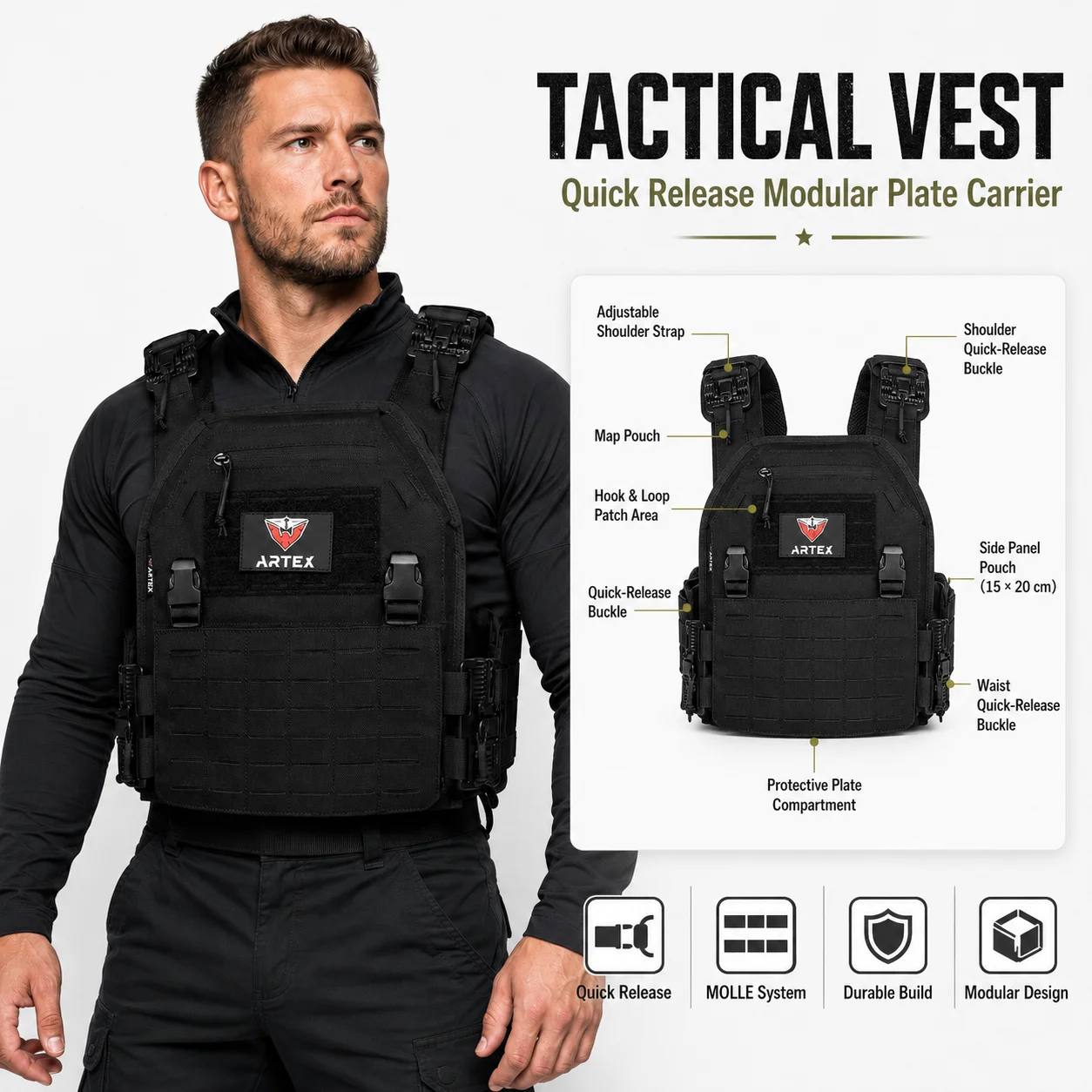 ARTEX Black Tactical Plate Carrier Vest PALS  MOLLE Adjustable Straps Quick Release for Airsoft Hunting Training