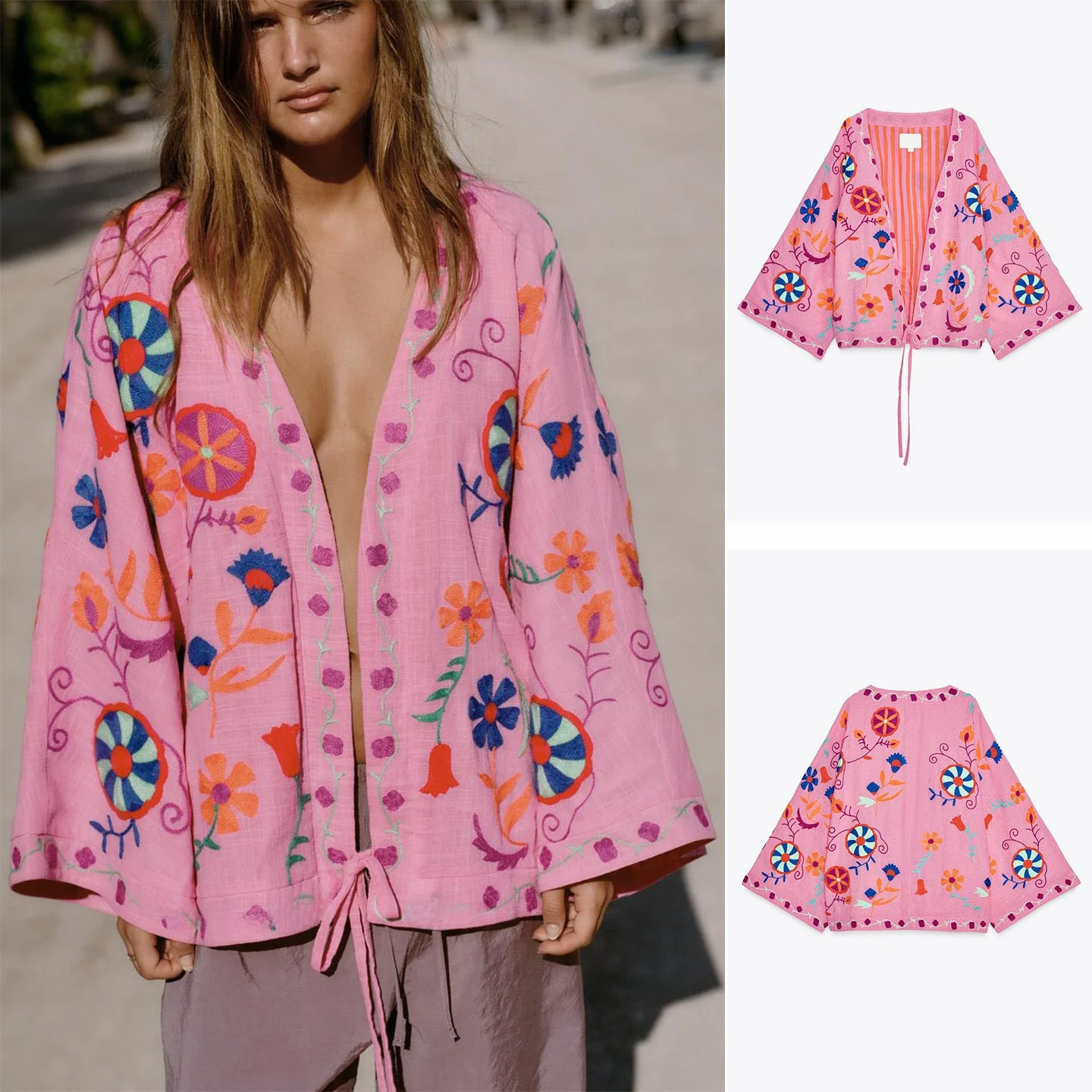 

Autumn Women's Loose V-ne Long Sve Knot Tied Color Blo Embroidery Double-breasted Long irt