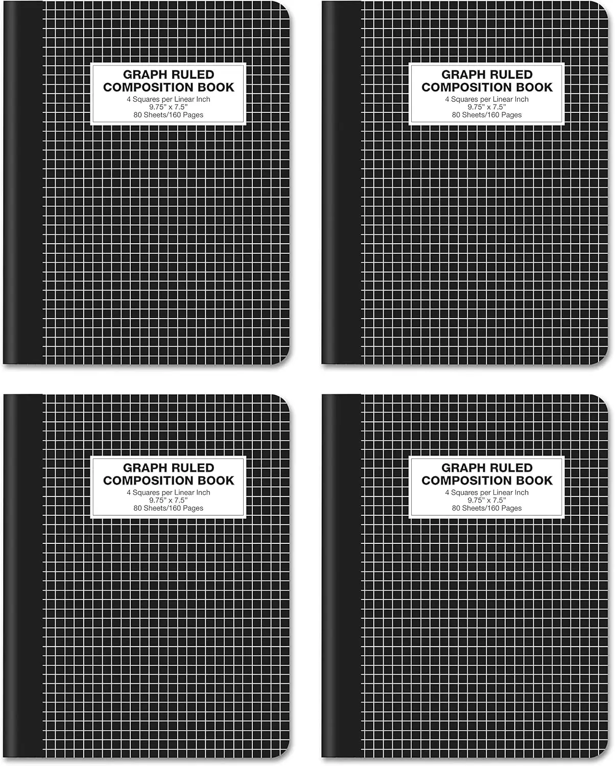 

Quad Ruled Composition Notebook, 4 Pack, Hardcover 4x4 Graph Paper, 80 Sheets, 9.75"x7.5", Black