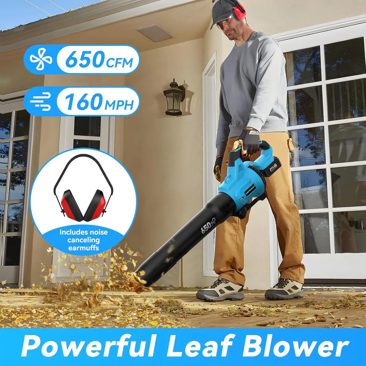 CFM & 160 MPH Electric Cordless Leaf Blower with 2 * 4.0Ah Batteries & Noise-Reduction Ear Muffs,3 Speed Powerful Blowing Ideal